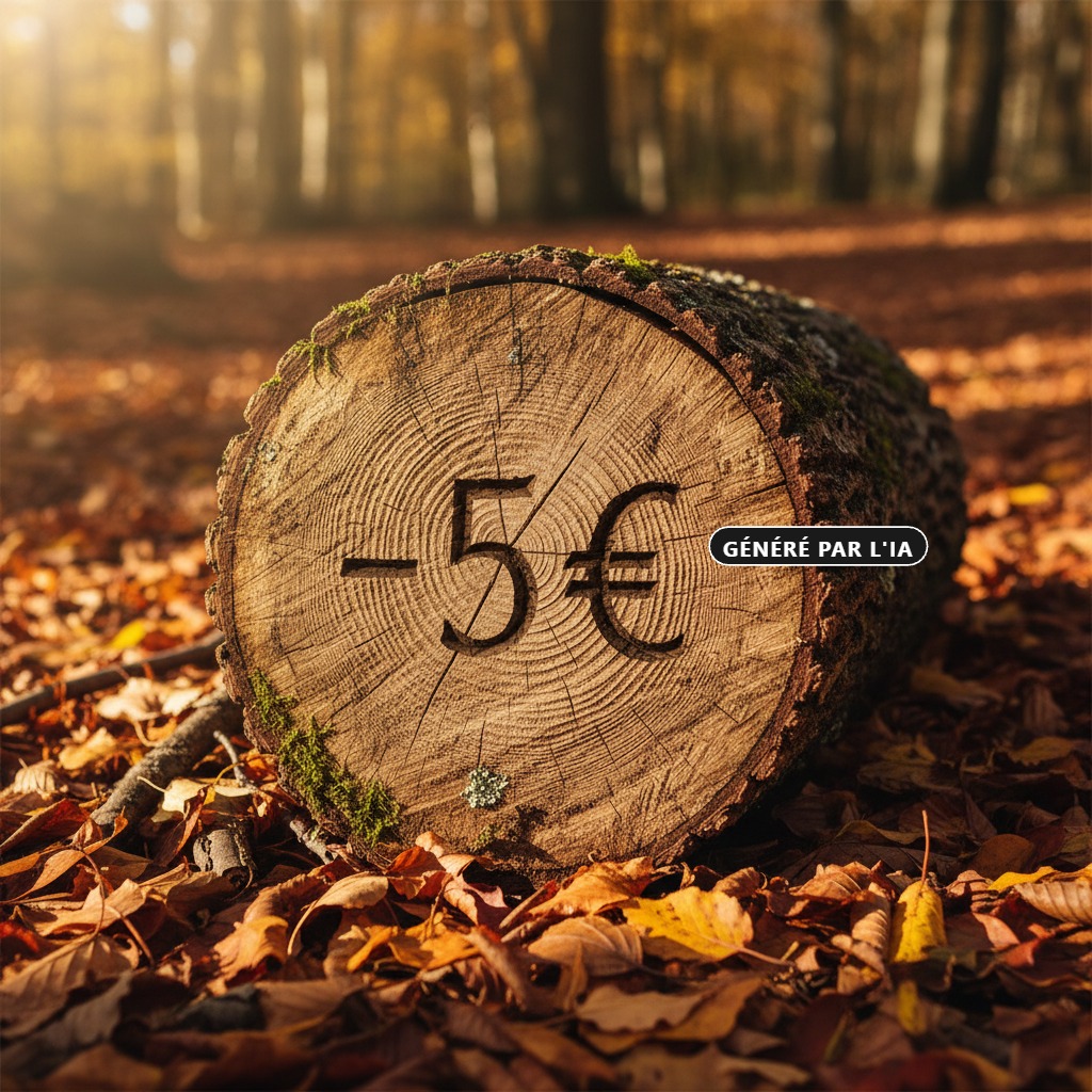Généré par IA : Un rondin de bois posé sur des feuilles mortes présente l'inscription gravée « -5 € » sur sa tranche.